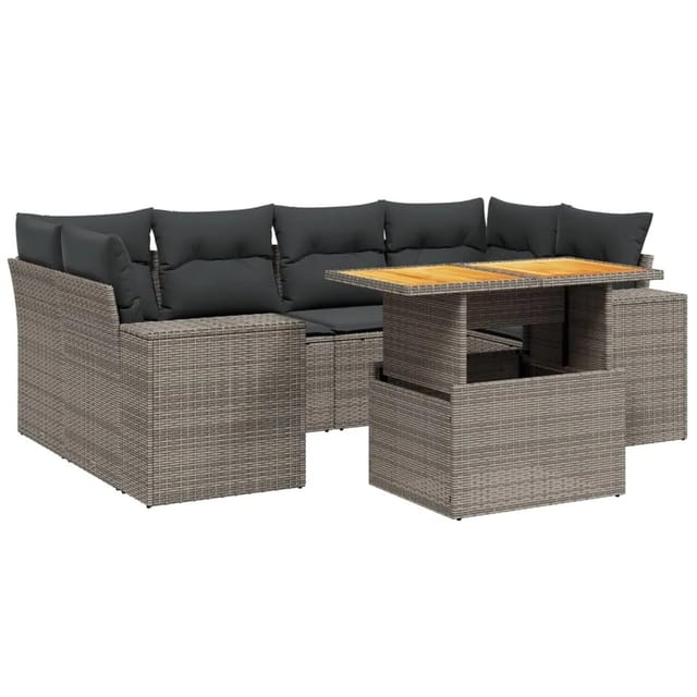 vidaXL 7-Tlg Garten-Sofagarnitur mit Kissen Grau Poly Rattan 3272537