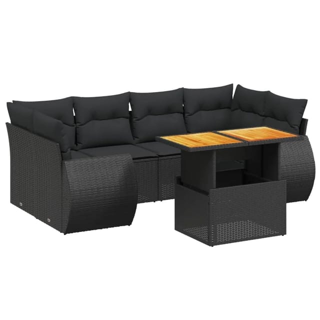 vidaXL 7-Tlg Garten-Sofagarnitur mit Kissen Schwarz Poly Rattan 3272091