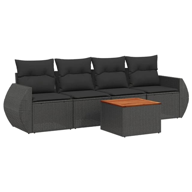 vidaXL 5-Tlg Garten-Sofagarnitur mit Kissen Schwarz Poly Rattan 3224879