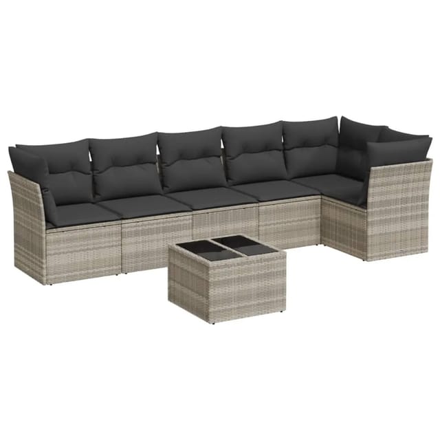vidaXL 7-Tlg Garten-Sofagarnitur mit Kissen Hellgrau Poly Rattan 3249511