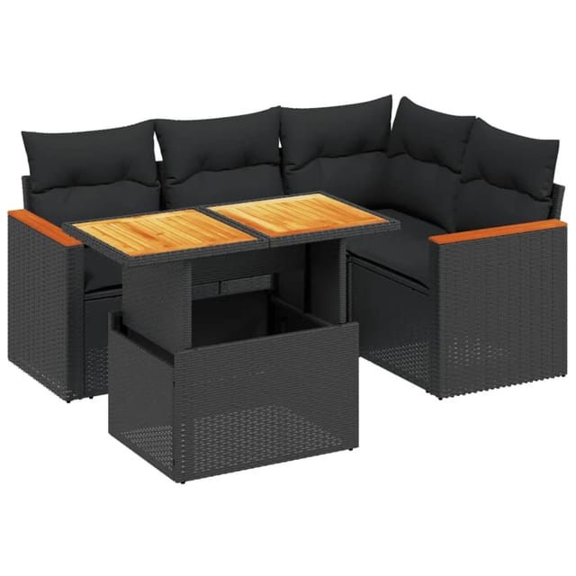 vidaXL 5-Tlg Garten-Sofagarnitur mit Kissen Schwarz Poly Rattan 3273057