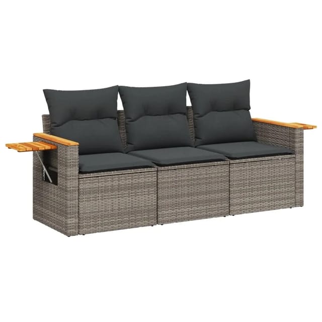 vidaXL 3-Tlg Garten-Sofagarnitur mit Kissen Grau Poly Rattan 3259001