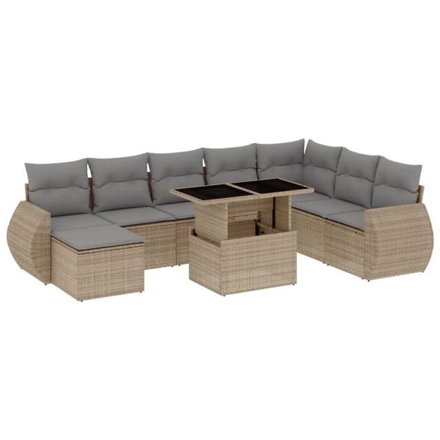 vidaXL 9-Tlg Garten-Sofagarnitur mit Kissen Beige Poly Rattan 3268729
