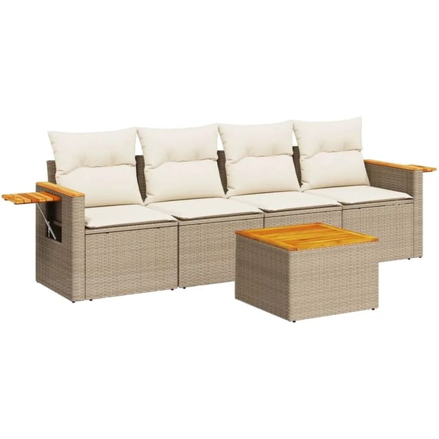 vidaXL 5-Tlg Garten-Sofagarnitur mit Kissen Beige Poly Rattan 3259020