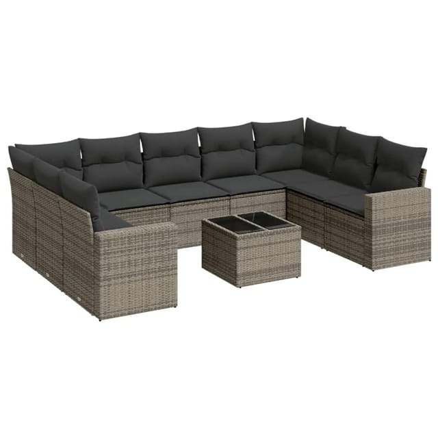 vidaXL 10-Tlg Garten-Sofagarnitur mit Kissen Grau Poly Rattan 3219400