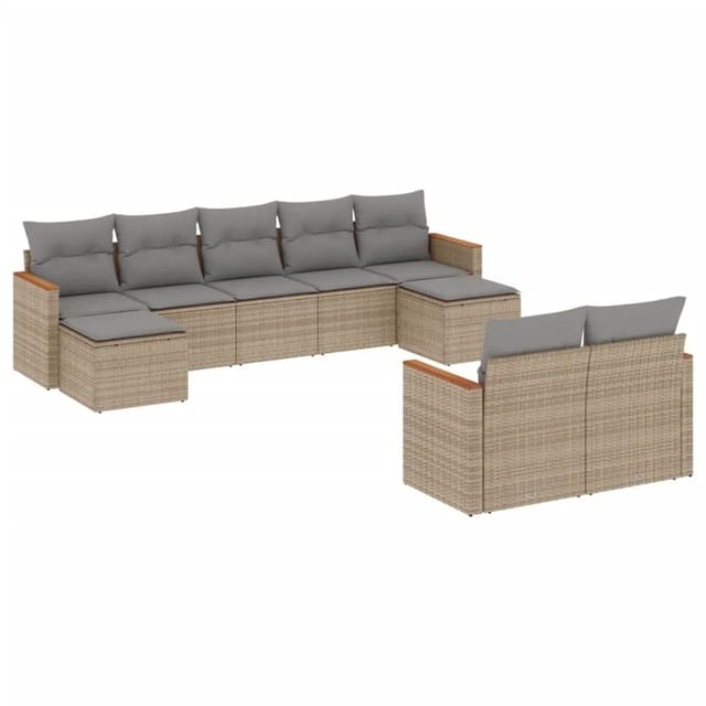 vidaXL 9-Tlg Garten-Sofagarnitur mit Kissen Beige Poly Rattan 3226402