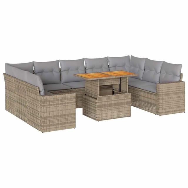 vidaXL 10-Tlg Garten-Sofagarnitur mit Kissen Beige Poly Rattan 3327083