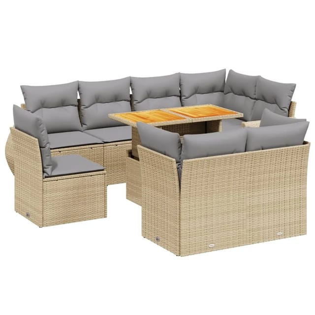 vidaXL 9-Tlg Garten-Sofagarnitur mit Kissen Beige Poly Rattan 3272291