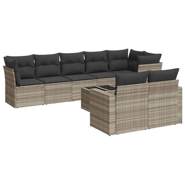 vidaXL 9-Tlg Garten-Sofagarnitur mit Kissen Hellgrau Poly Rattan 3219222