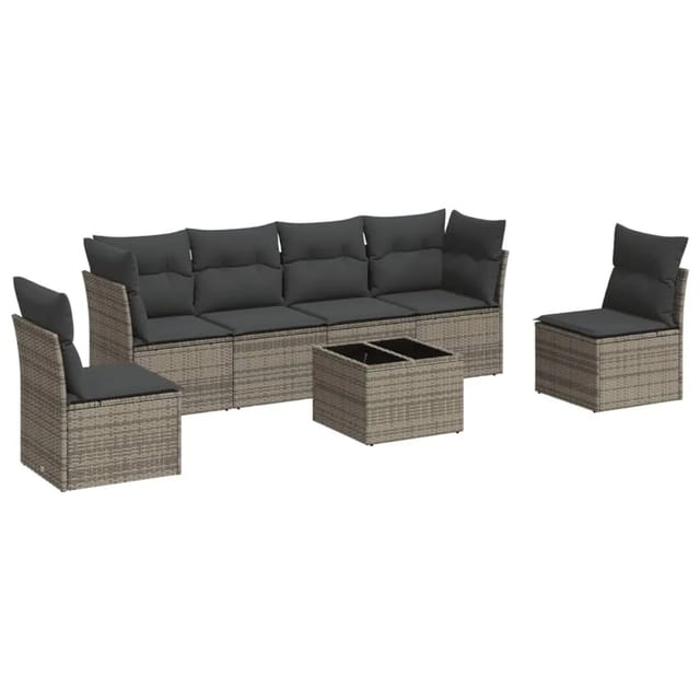 vidaXL 7-Tlg Garten-Sofagarnitur mit Kissen Grau Poly Rattan 3217380