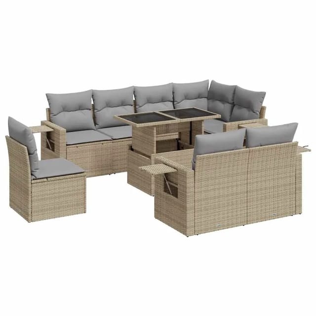 vidaXL 9-Tlg Garten-Sofagarnitur mit Kissen Beige Poly Rattan 3326500
