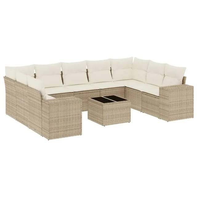 vidaXL 10-Tlg Garten-Sofagarnitur mit Kissen Beige Poly Rattan 3255345