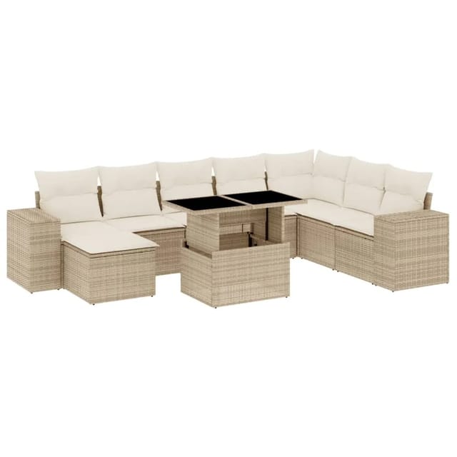 vidaXL 9-Tlg Garten-Sofagarnitur mit Kissen Beige Poly Rattan 3269358
