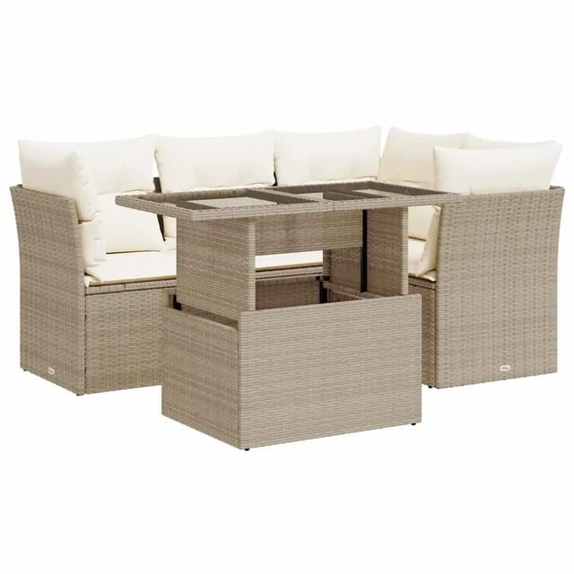 vidaXL 5-Tlg Garten-Sofagarnitur mit Kissen Beige Poly Rattan 3326149