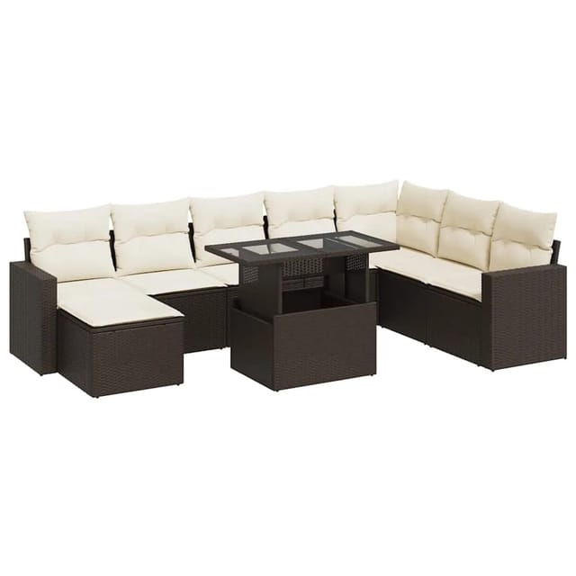 vidaXL 9-Tlg Garten-Sofagarnitur mit Kissen Braun Poly Rattan 3326374