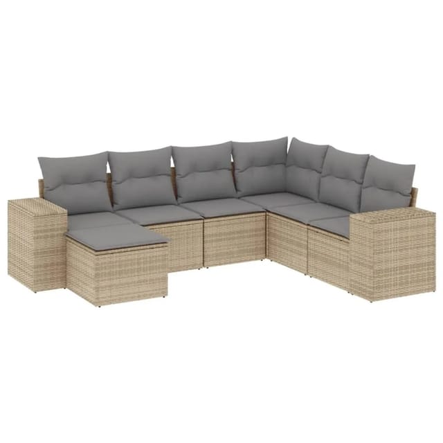 vidaXL 7-Tlg Garten-Sofagarnitur mit Kissen Beige Poly Rattan 3222898