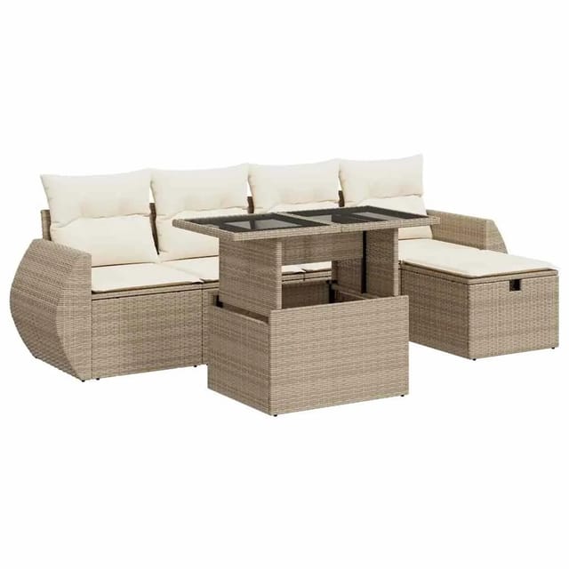 vidaXL 6-Tlg Garten-Sofagarnitur mit Kissen Beige Poly Rattan 3327888