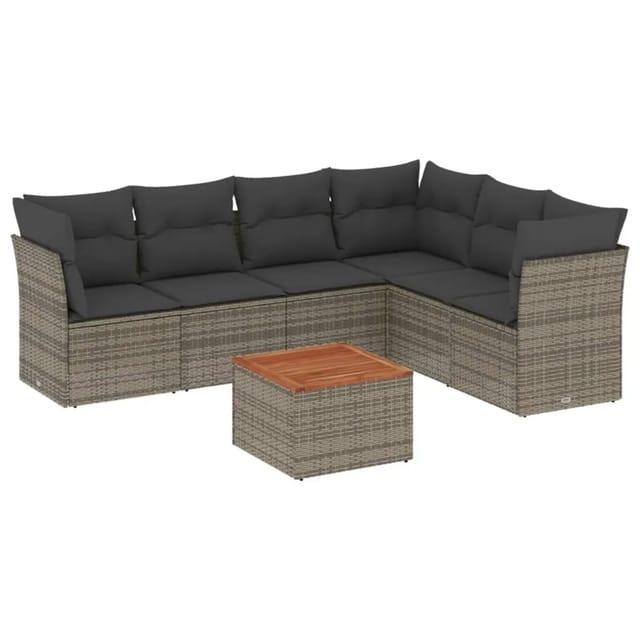vidaXL 7-Tlg Garten-Sofagarnitur mit Kissen Grau Poly Rattan 3255990