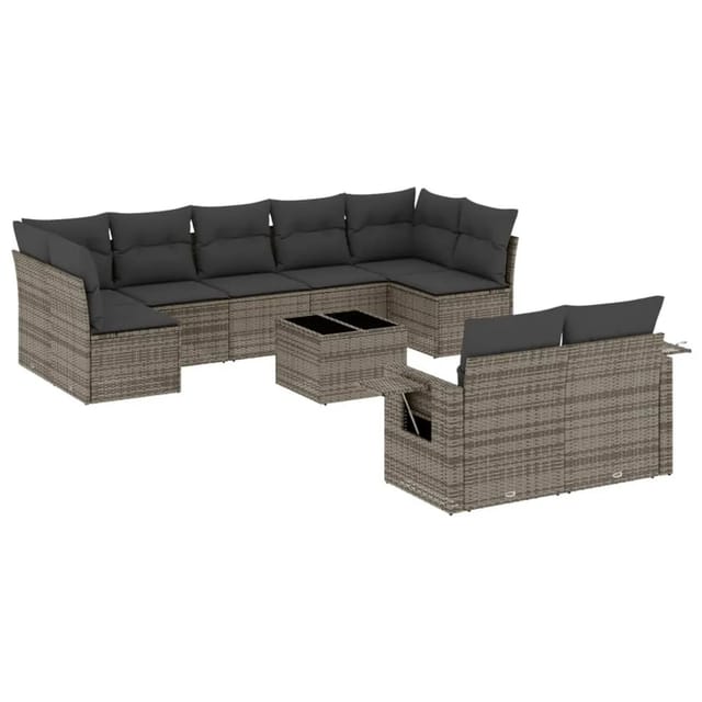 vidaXL 10-Tlg Garten-Sofagarnitur mit Kissen Grau Poly Rattan 3220629