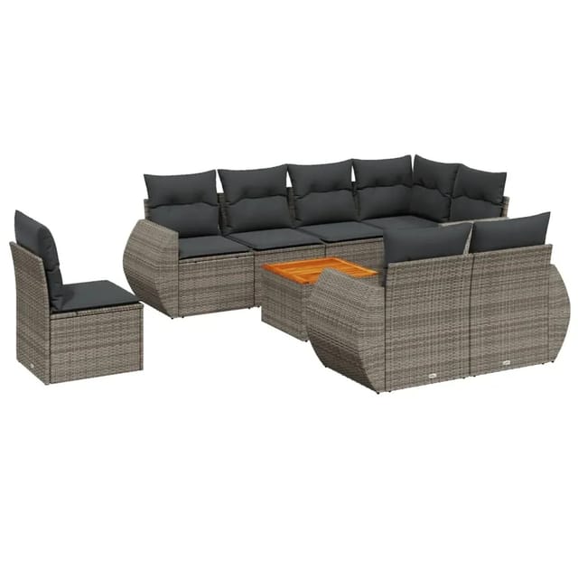 vidaXL 9-Tlg Garten-Sofagarnitur mit Kissen Grau Poly Rattan 3257432