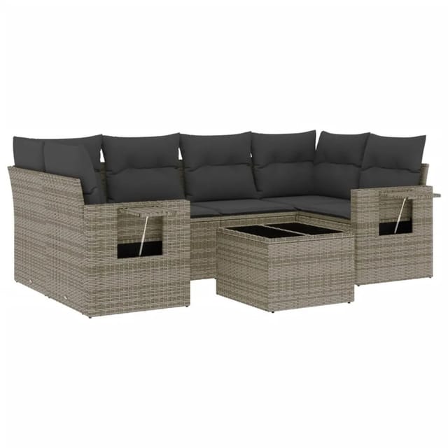 vidaXL 7-Tlg Garten-Sofagarnitur mit Kissen Grau Poly Rattan 3219919