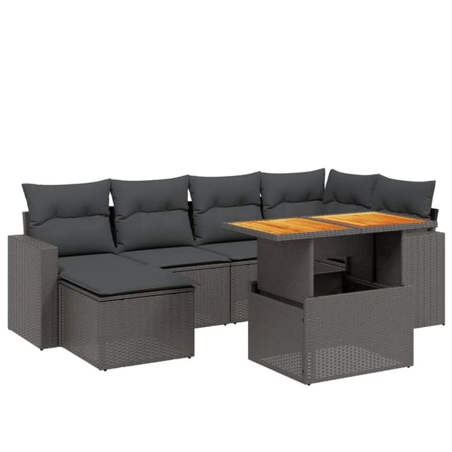 vidaXL 7-Tlg Garten-Sofagarnitur mit Kissen Schwarz Poly Rattan 3271412