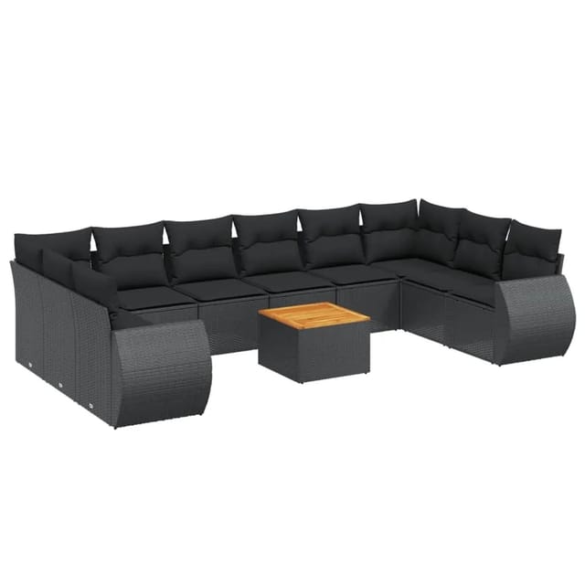 vidaXL 11-Tlg Garten-Sofagarnitur mit Kissen Schwarz Poly Rattan 3225173
