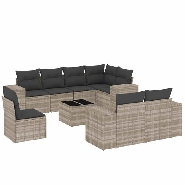 vidaXL 9-Tlg Garten-Sofagarnitur mit Kissen Hellgrau Poly Rattan 3222851