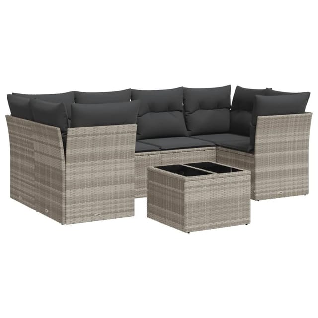 vidaXL 7-Tlg Garten-Sofagarnitur mit Kissen Hellgrau Poly Rattan 3217272