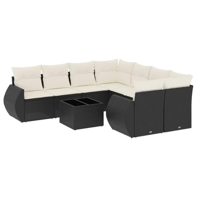 vidaXL 9-Tlg Garten-Sofagarnitur mit Kissen Schwarz Poly Rattan 3221155