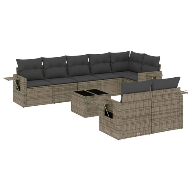 vidaXL 9-Tlg Garten-Sofagarnitur mit Kissen Grau Poly Rattan 3220429