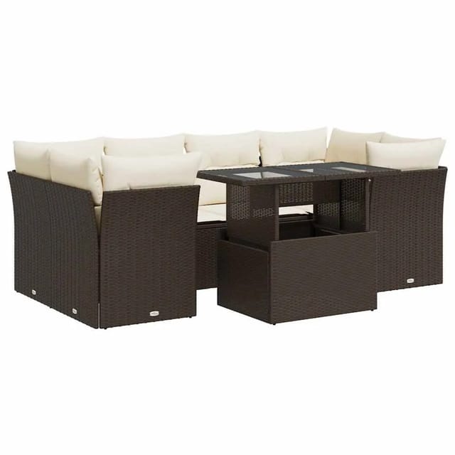 vidaXL 7-Tlg Garten-Sofagarnitur mit Kissen Braun Poly Rattan 3326114
