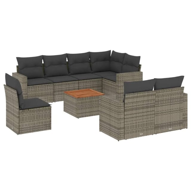 vidaXL 9-Tlg Garten-Sofagarnitur mit Kissen Grau Poly Rattan 3224219