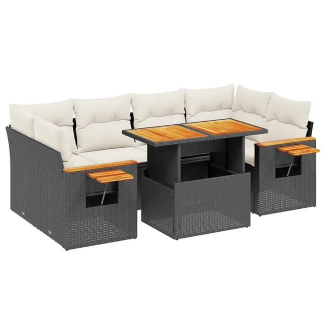 vidaXL 7-Tlg Garten-Sofagarnitur mit Kissen Schwarz Poly Rattan 3273415