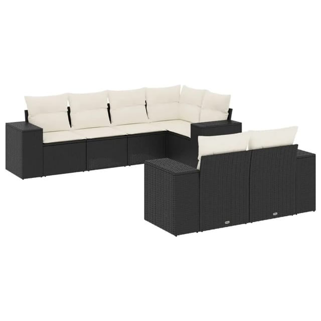vidaXL 7-Tlg Garten-Sofagarnitur mit Kissen Schwarz Poly Rattan 3222805