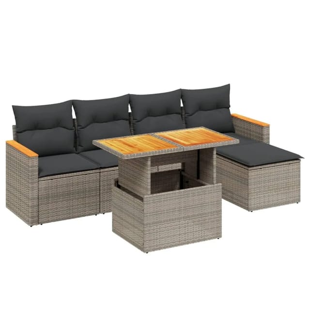 vidaXL 6-Tlg Garten-Sofagarnitur mit Kissen Grau Poly Rattan 3273055