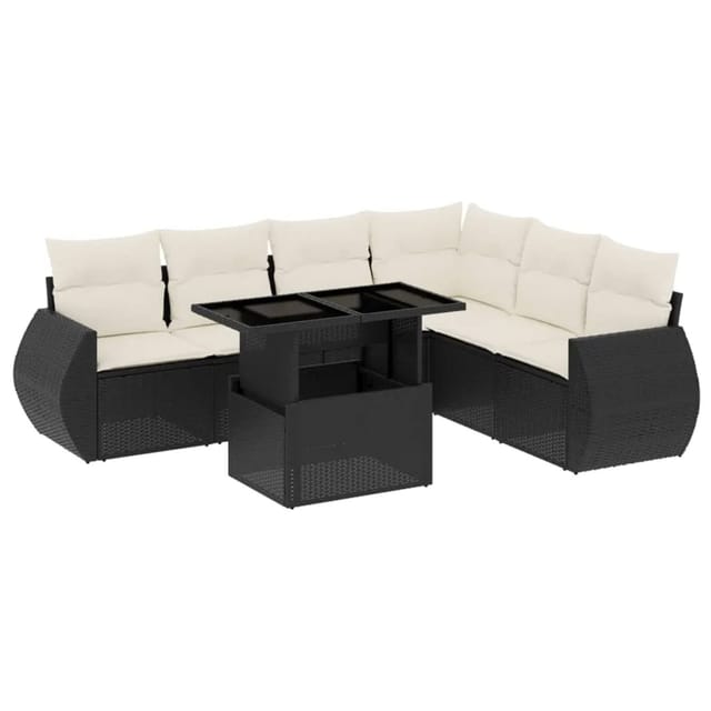 vidaXL 7-Tlg Garten-Sofagarnitur mit Kissen Schwarz Poly Rattan 3268556