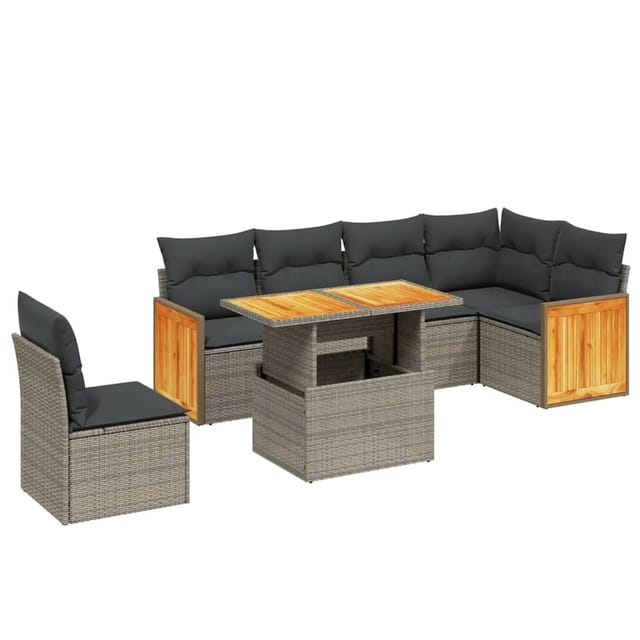 vidaXL 7-Tlg Garten-Sofagarnitur mit Kissen Grau Poly Rattan 3273986