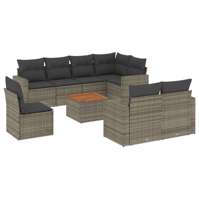 vidaXL 9-Tlg Garten-Sofagarnitur mit Kissen Grau Poly Rattan 3256550