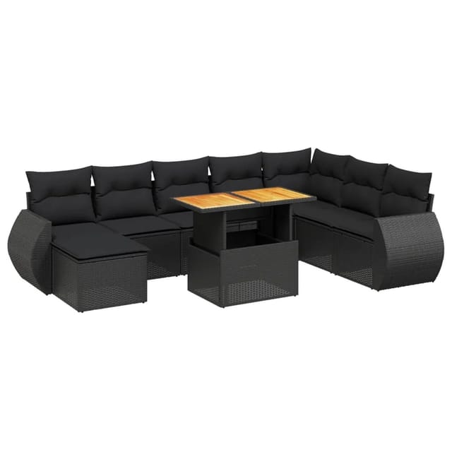 vidaXL 9-Tlg Garten-Sofagarnitur mit Kissen Schwarz Poly Rattan 3272329