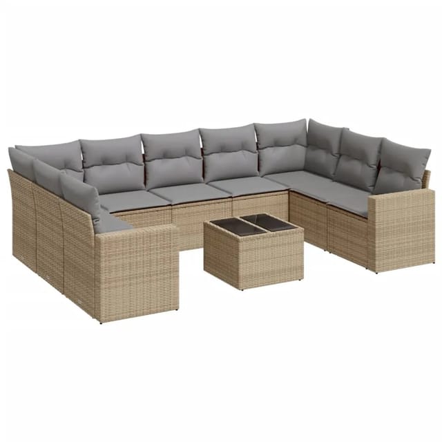 vidaXL 10-Tlg Garten-Sofagarnitur mit Kissen Beige Poly Rattan 3219399