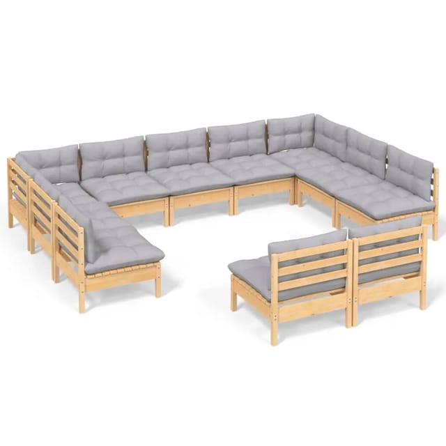 vidaXL 11-Tlg Garten-Lounge-Set mit Grauen Kissen Kiefer Massivholz 3097210