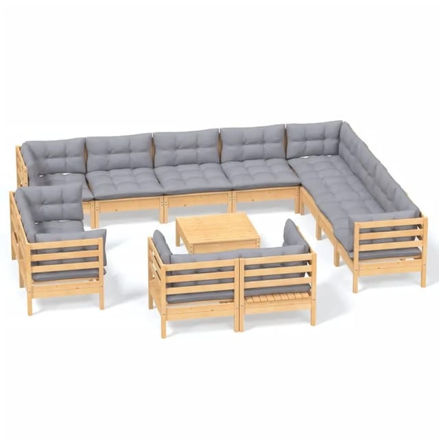 vidaXL 13-Tlg Garten-Lounge-Set mit Grauen Kissen Massivholz Kiefer 3096952