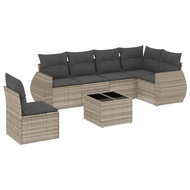 vidaXL 7-Tlg Garten-Sofagarnitur mit Kissen Hellgrau Poly Rattan 3253779