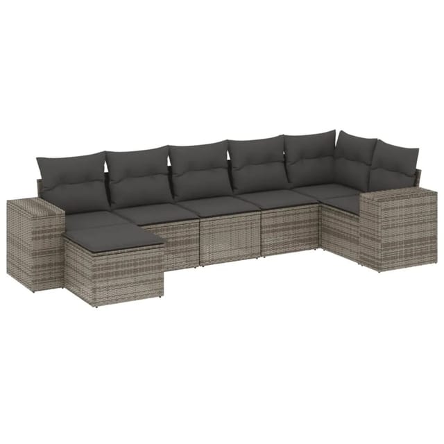vidaXL 7-Tlg Garten-Sofagarnitur mit Kissen Grau Poly Rattan 3255217