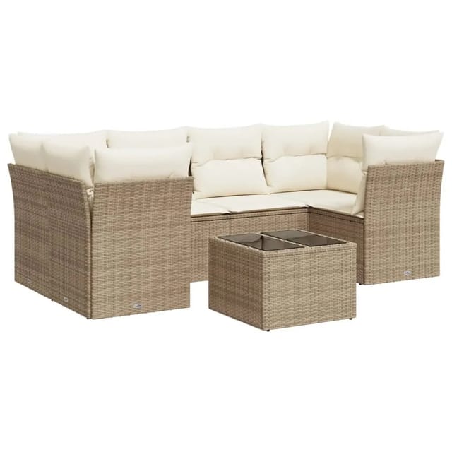 vidaXL 7-Tlg Garten-Sofagarnitur mit Kissen Beige Poly Rattan 3249107