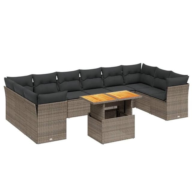 vidaXL 11-Tlg Garten-Sofagarnitur mit Kissen Grau Poly Rattan 3271025