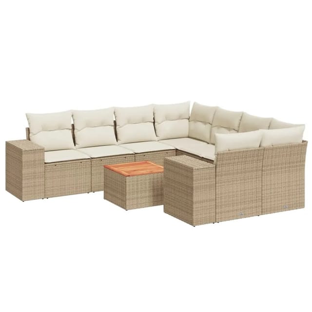 vidaXL 9-Tlg Garten-Sofagarnitur mit Kissen Beige Poly Rattan 3225372