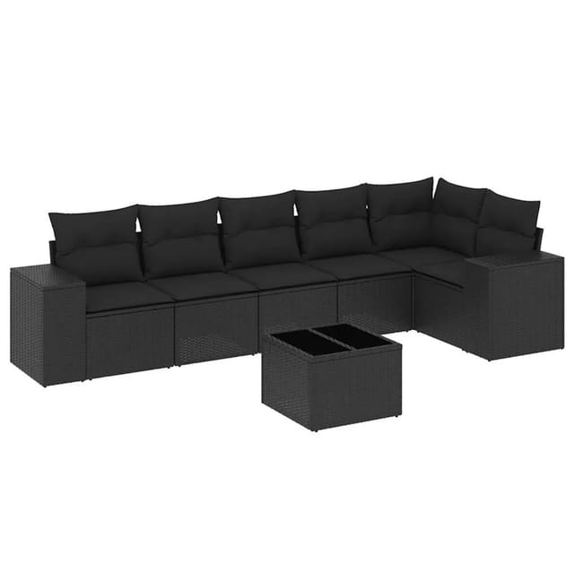 vidaXL 7-Tlg Garten-Sofagarnitur mit Kissen Schwarz Poly Rattan 3222594