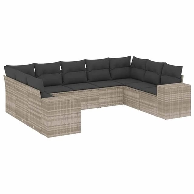 vidaXL 9-Tlg Garten-Sofagarnitur mit Kissen Hellgrau Poly Rattan 3223001
